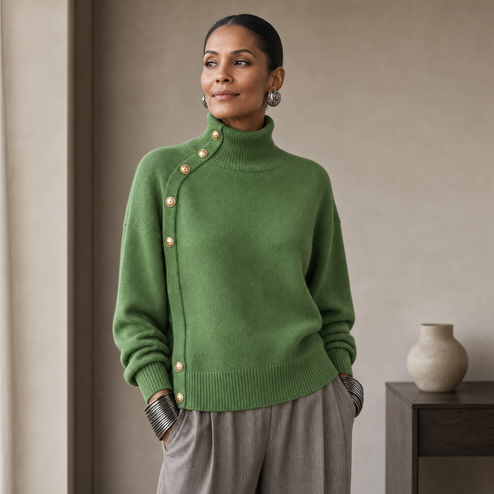 Asymvia – Asymmetric Gold-Tone Button Mock Neck Sweater