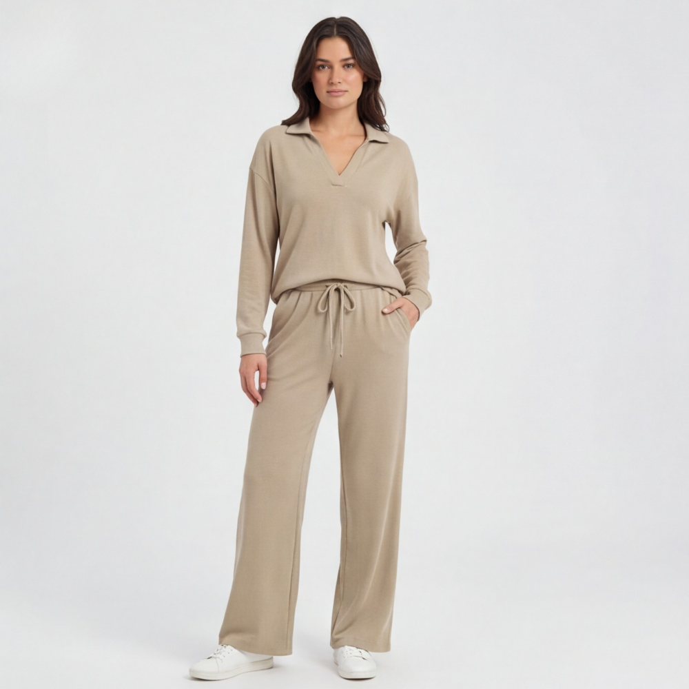 Veluna™ – Soft V-Neck Lounge Set with Wide Leg Pants