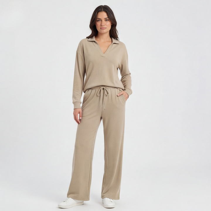 Veluna™ – Soft V-Neck Lounge Set with Wide Leg Pants