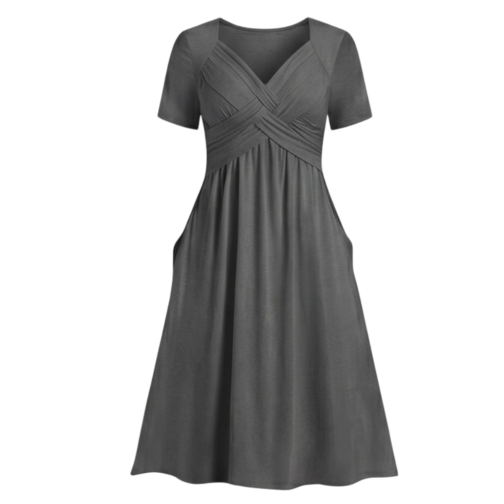 Veluna™ - Crossover V-Neck Midi Dress with Pockets