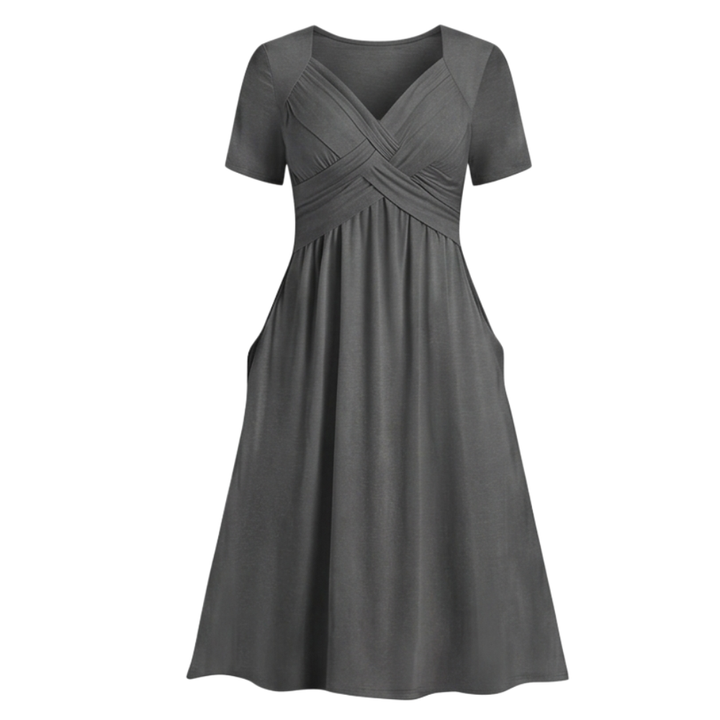 Veluna™ - Crossover V-Neck Midi Dress with Pockets