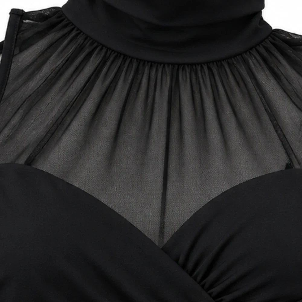 Veilora – Sheer Mesh Crisscross Mock Neck Blouse