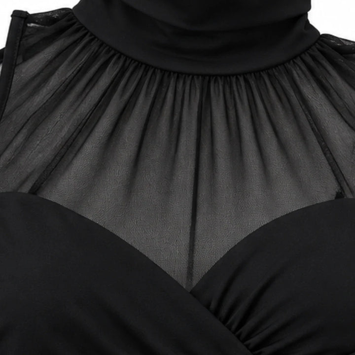 Veilora – Sheer Mesh Crisscross Mock Neck Blouse