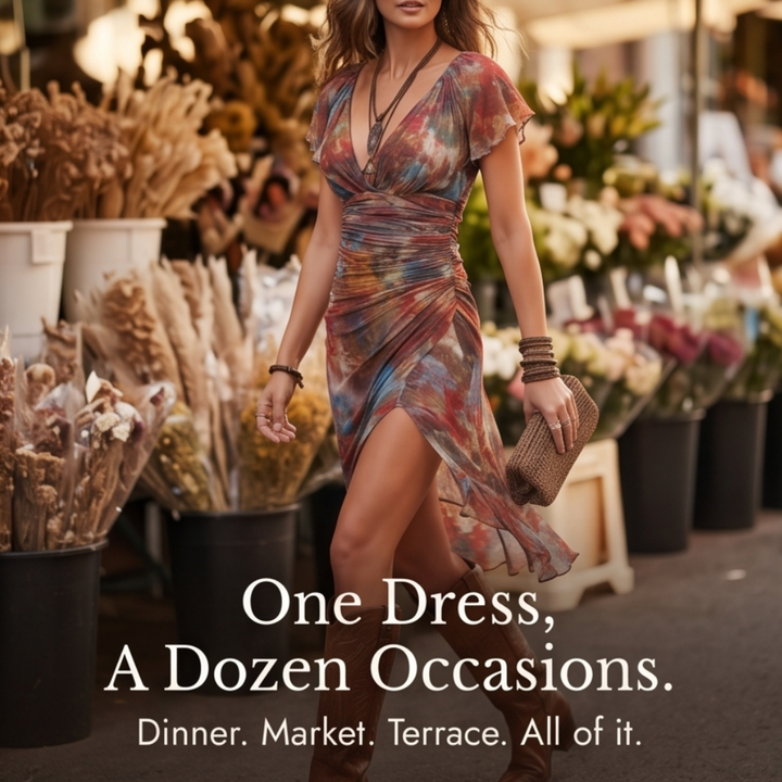 Elowen™ – Watercolor Ruched Midi Dress