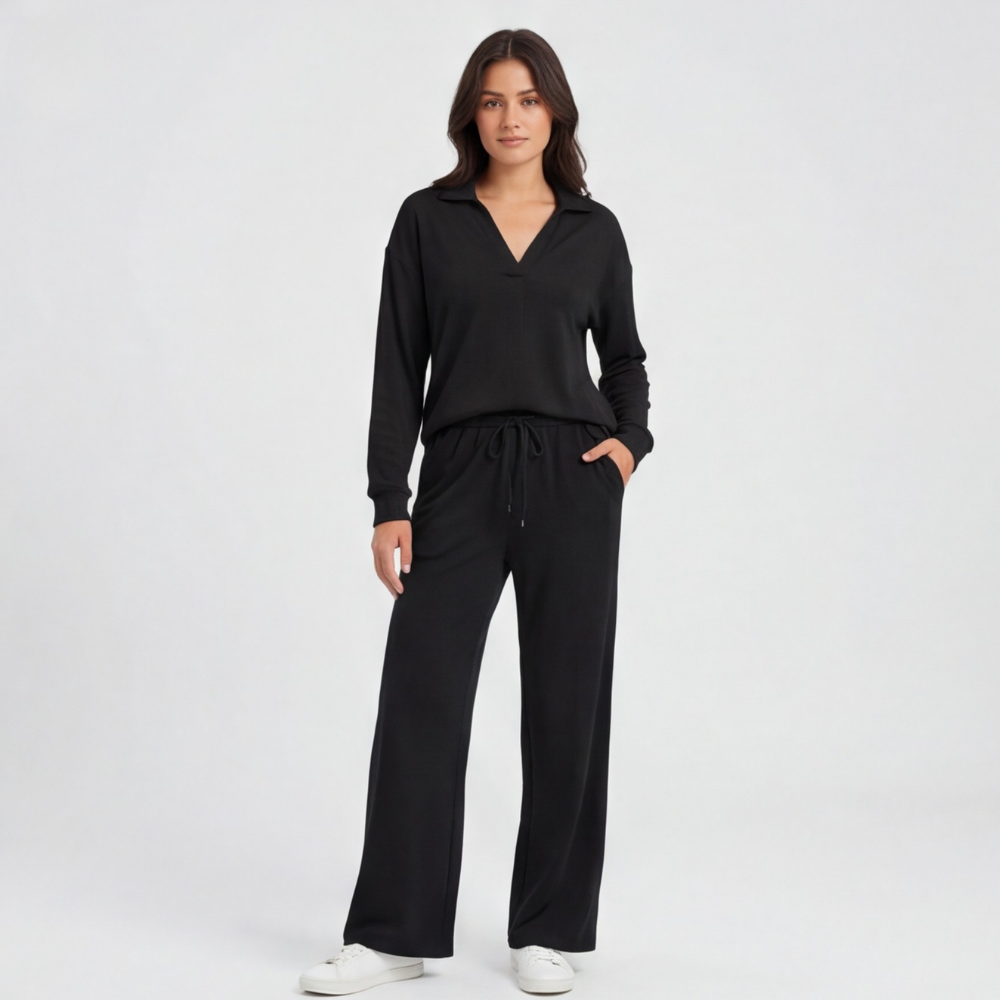 Veluna™ – Soft V-Neck Lounge Set with Wide Leg Pants