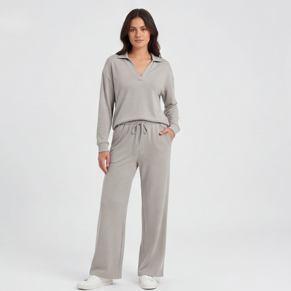 Veluna™ – Soft V-Neck Lounge Set with Wide Leg Pants