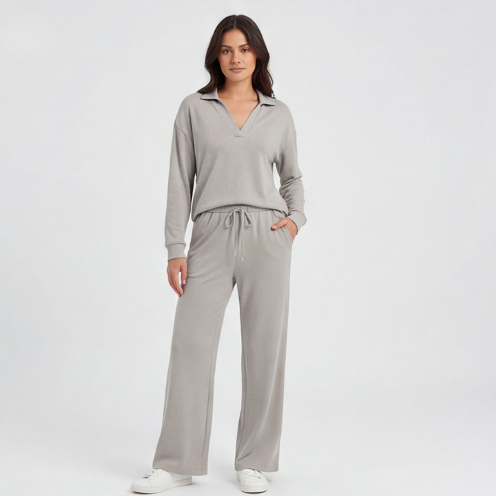 Veluna™ – Soft V-Neck Lounge Set with Wide Leg Pants