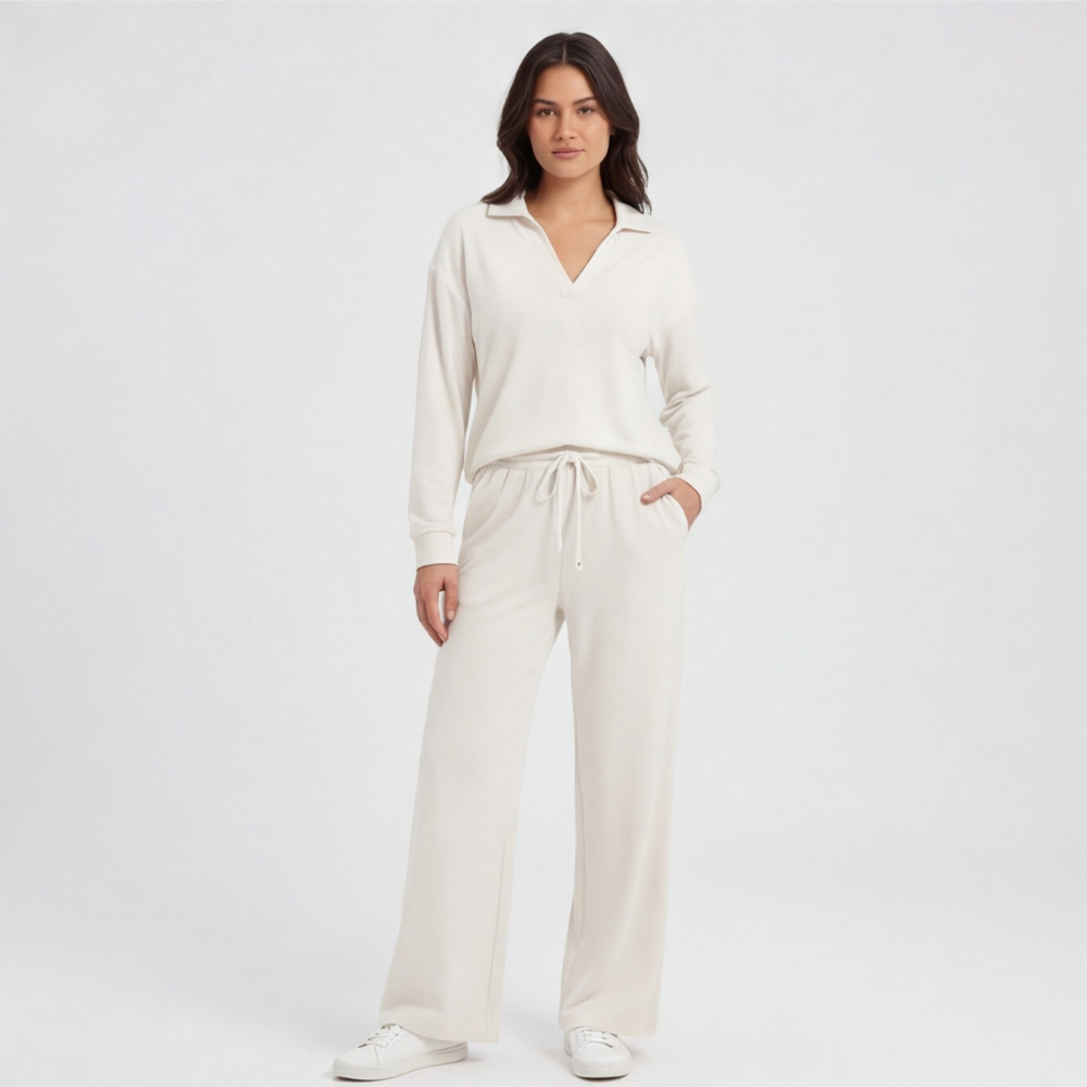 Veluna™ – Soft V-Neck Lounge Set with Wide Leg Pants
