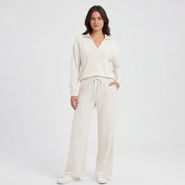 Veluna™ – Soft V-Neck Lounge Set with Wide Leg Pants