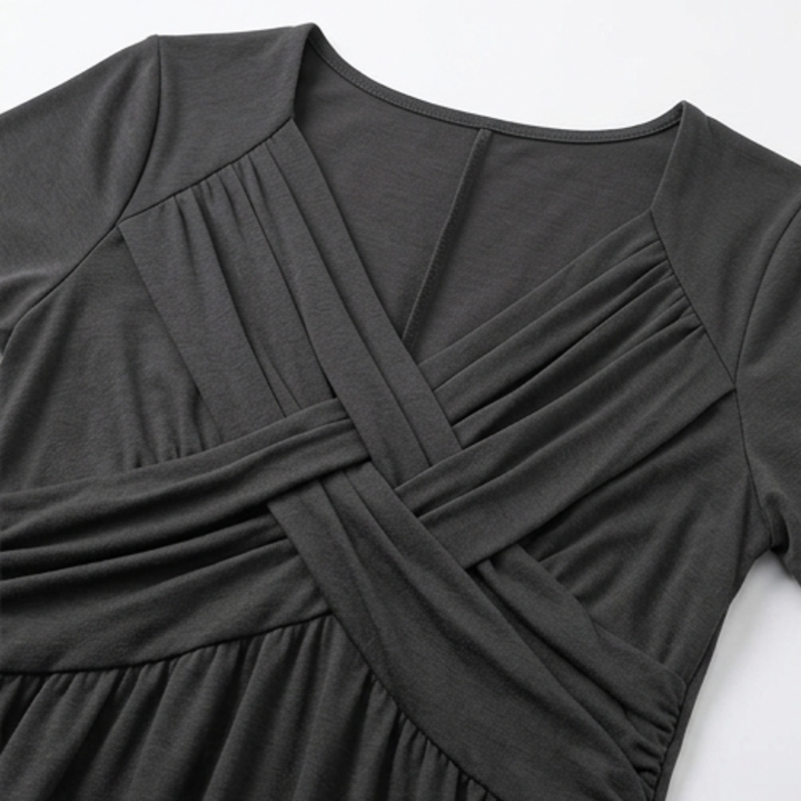 Veluna™ - Crossover V-Neck Midi Dress with Pockets