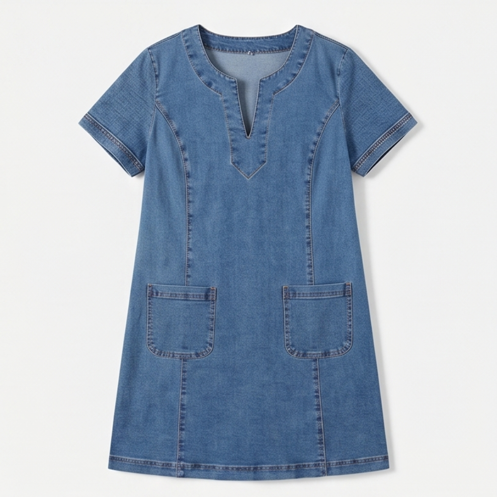 Aurelene™ – V-Neck Denim Dress with Pockets