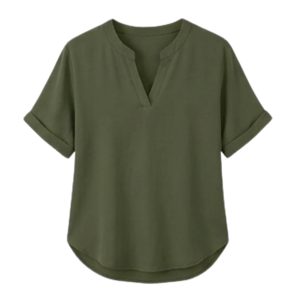 Wovena™ – Breezy V Neck Blouse with Curved Hem