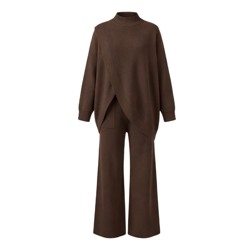 Vivara™ Asymmetric Knit Set with Wide Leg Pants