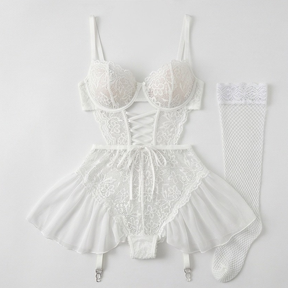 Nocturra™ – Lace Corset Nightgown Set with Fishnet Stockings