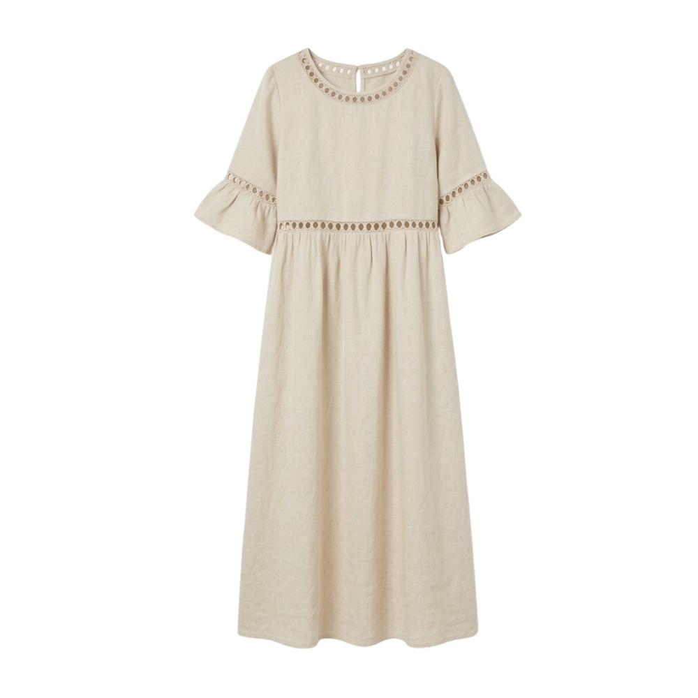 Solenne™ – Breathable Cotton Linen Lace Midi Dress
