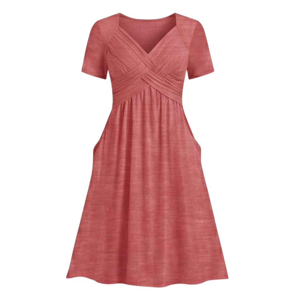 Veluna™ - Crossover V-Neck Midi Dress with Pockets