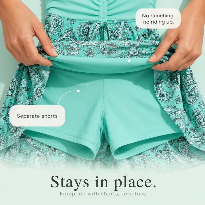 Marelle – Skirted Swim Dress with Built-In Shorts, Ruched Tummy Control