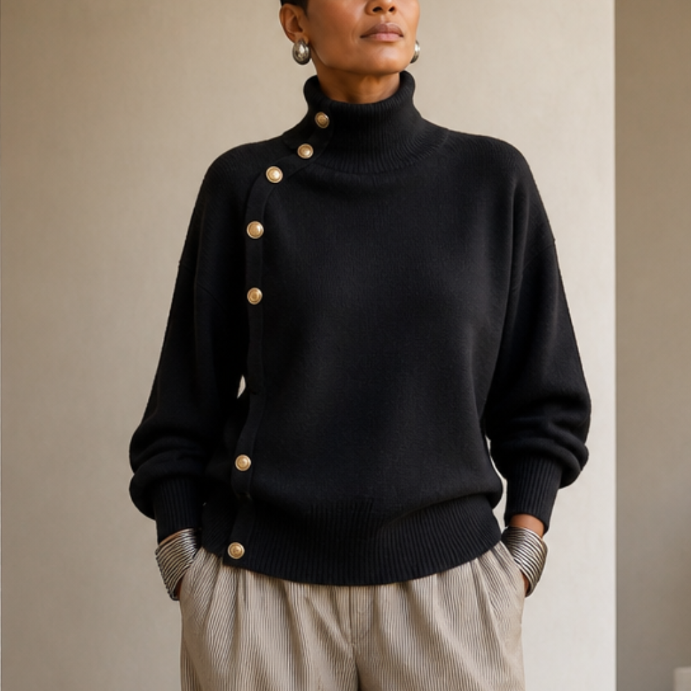 Asymvia – Asymmetric Gold-Tone Button Mock Neck Sweater