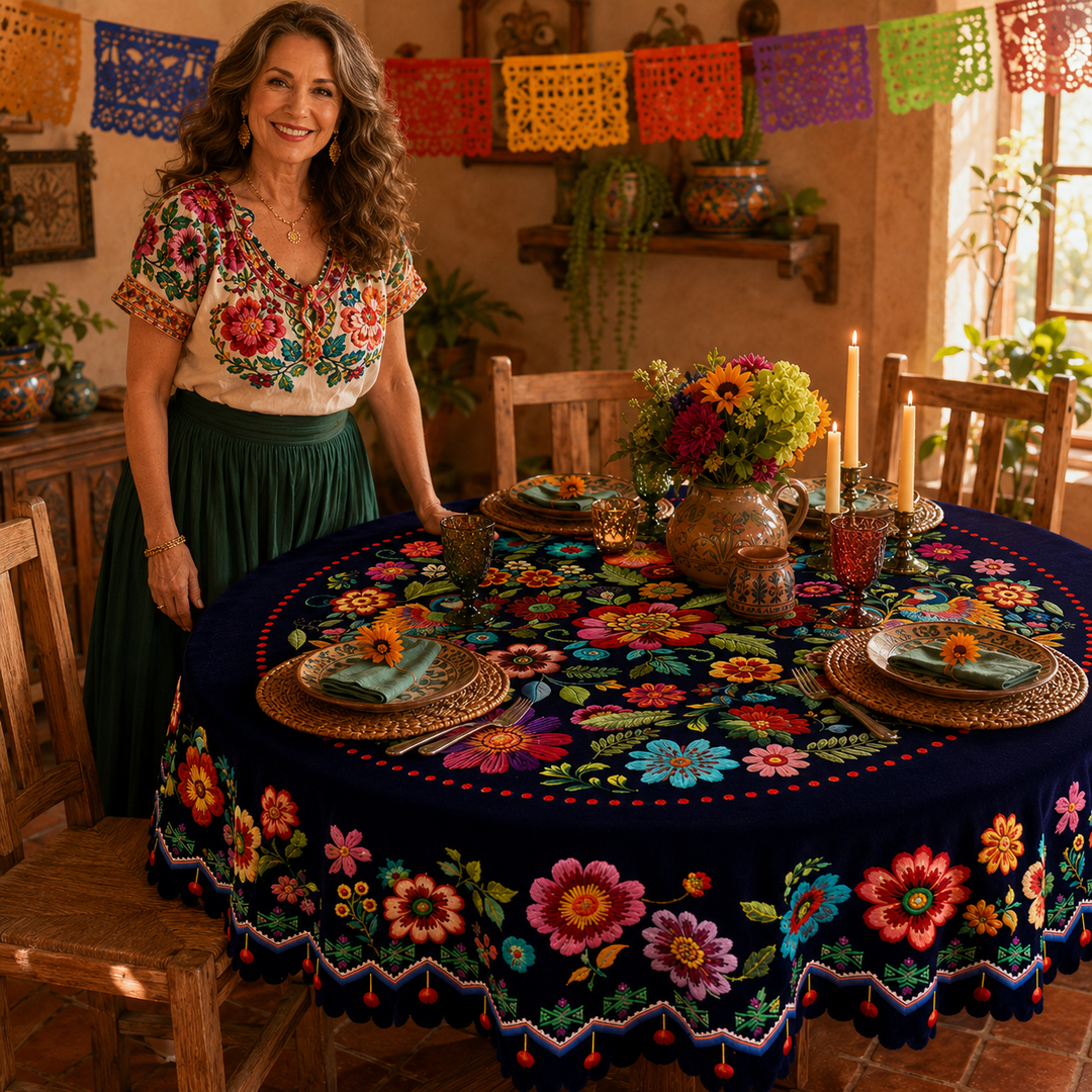 Casamora – Mexican Floral Embroidered Tablecloth with Scalloped Edge