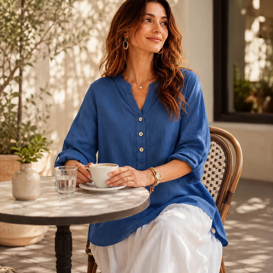 Amberlys – Airy Linen Blouse with V-Neck and Buttons
