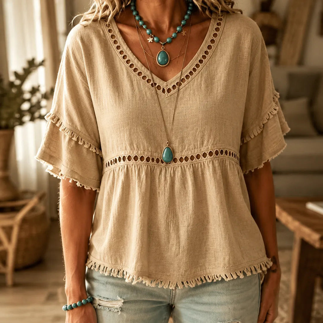 Meloria – Bohemian Babydoll Top with Eyelet Cutouts and Fringe Hem