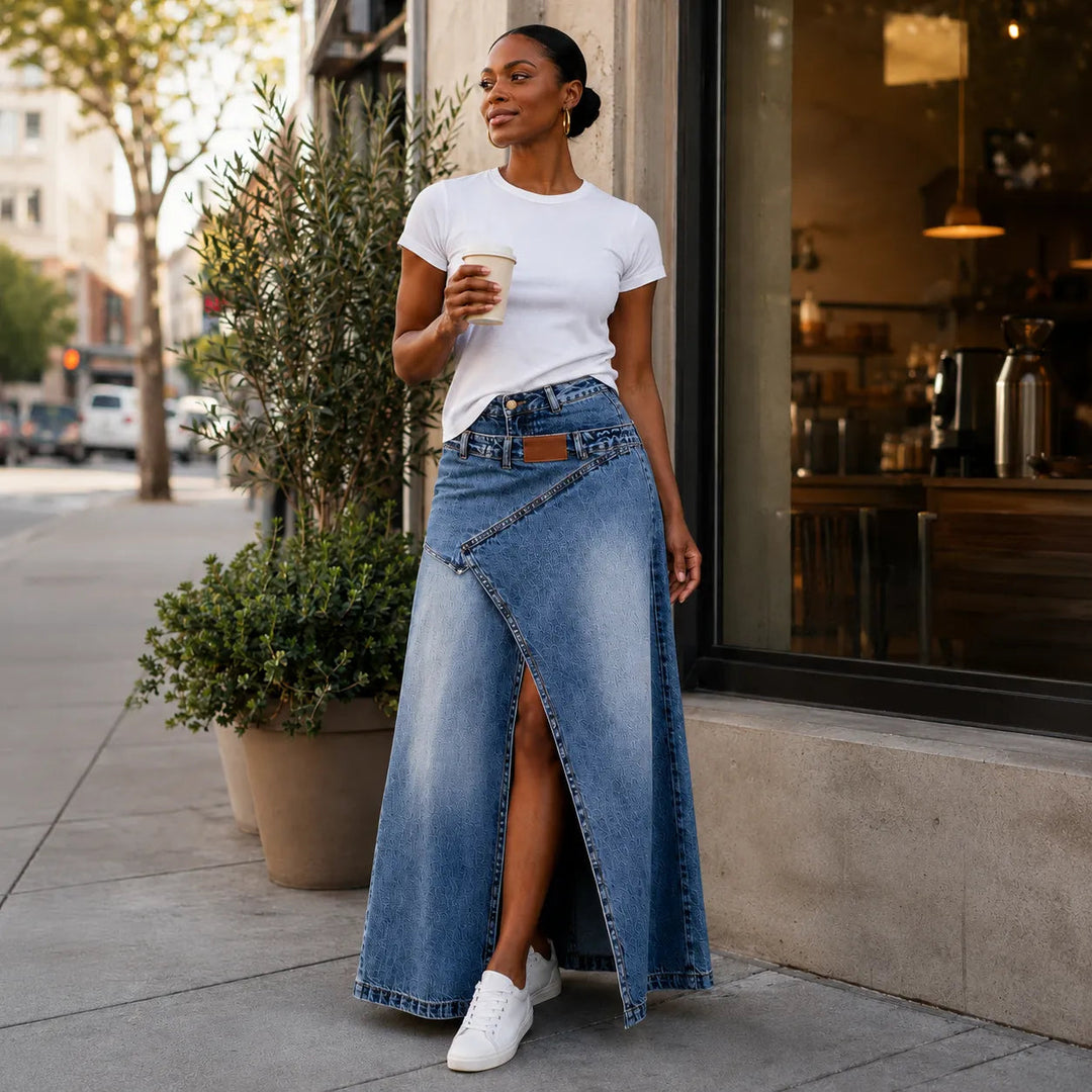 Saviera – Asymmetric Layered Denim Maxi Skirt with High Front Slit Saviera – Asymmetric Layered Denim Maxi Skirt with High Front Slit