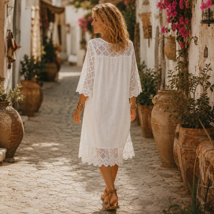 Solenne – Boho Shift Dress with Crochet-like Shoulders and Scalloped Hem