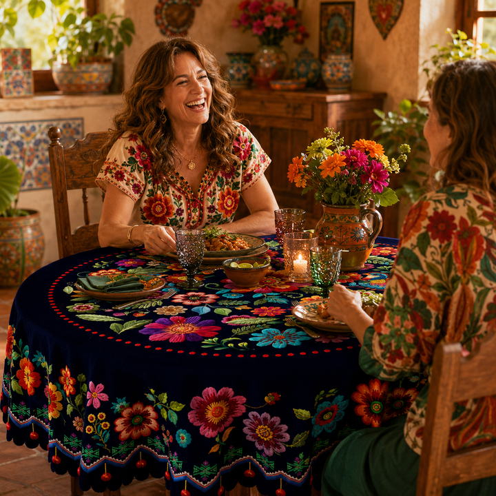 Casamora – Mexican Floral Embroidered Tablecloth with Scalloped Edge