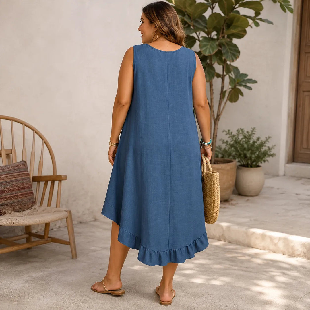 Sunelora – Sleeveless Ruffle Hem Midi Dress with Pockets, Linen Look A Line Summer Dress
