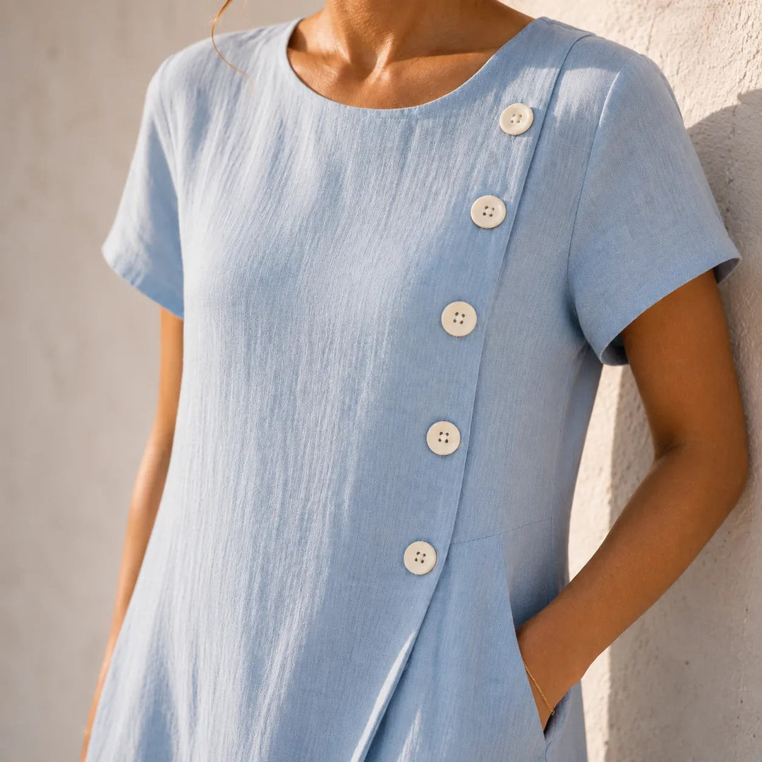 Sumlor – Asymmetric Button Midi Dress with Pockets for Summer