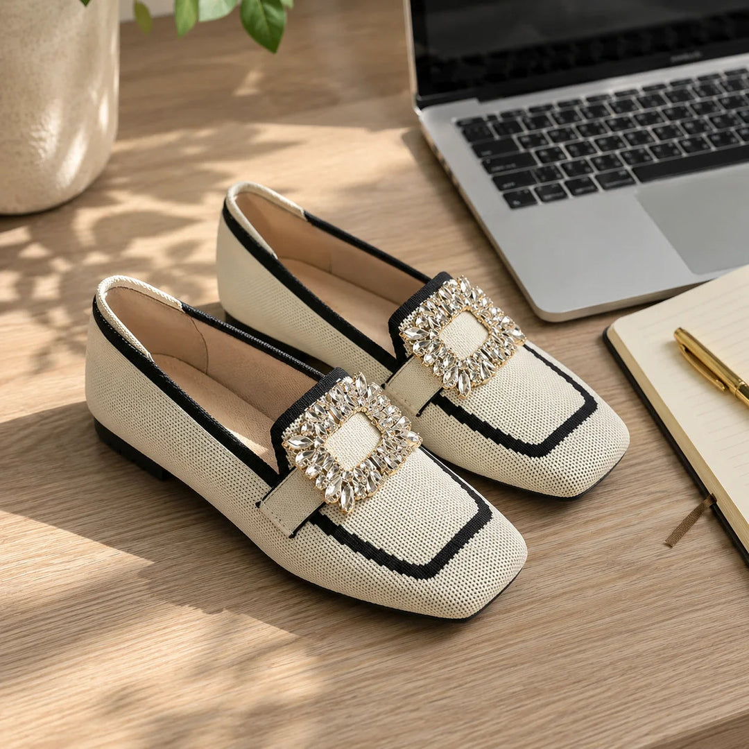 Vellora – Crystal Buckle Knit Loafers, Square Toe Slip-On Flats for Women