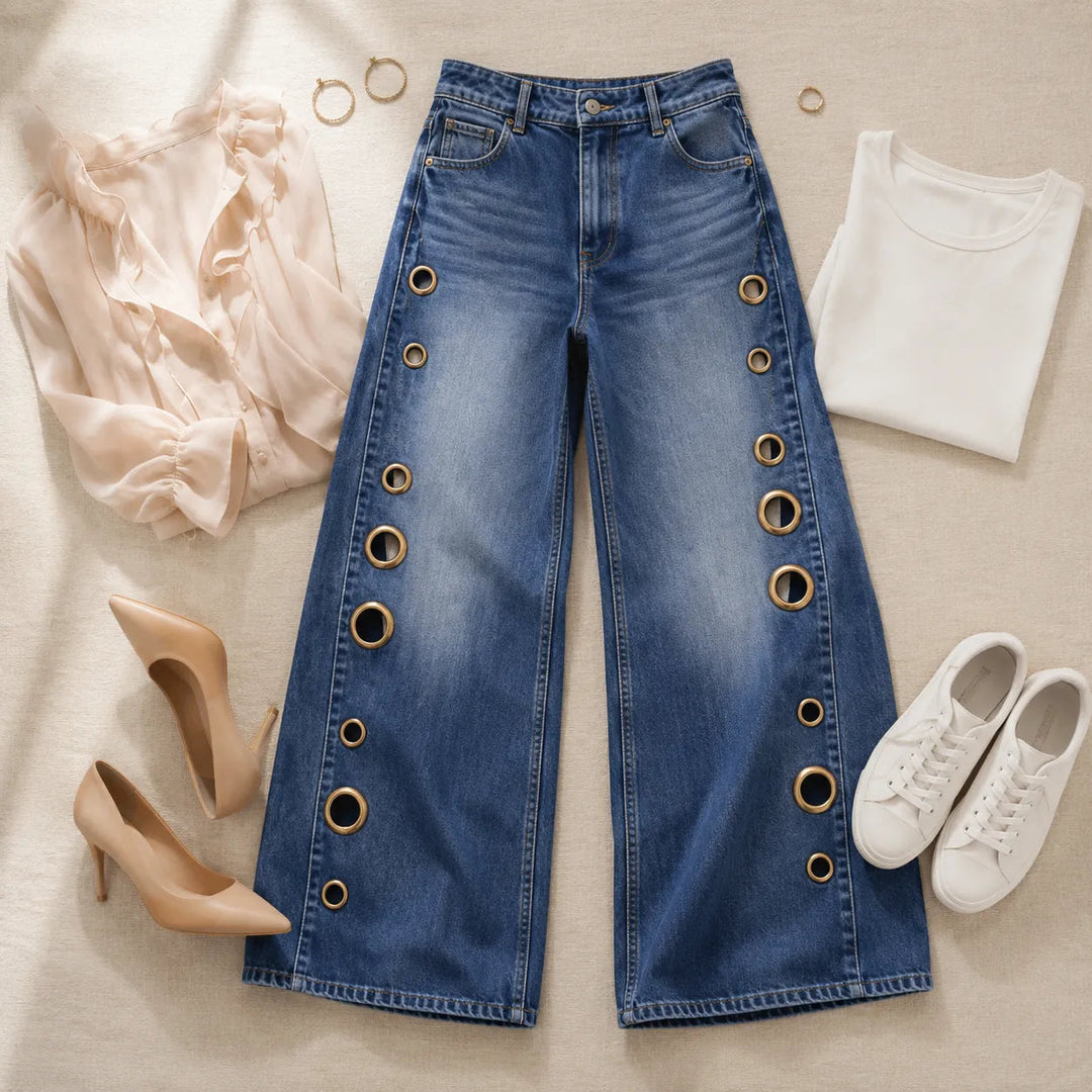 Velmora – Wide Leg Jeans with Brass Grommet Side Detail, High Rise