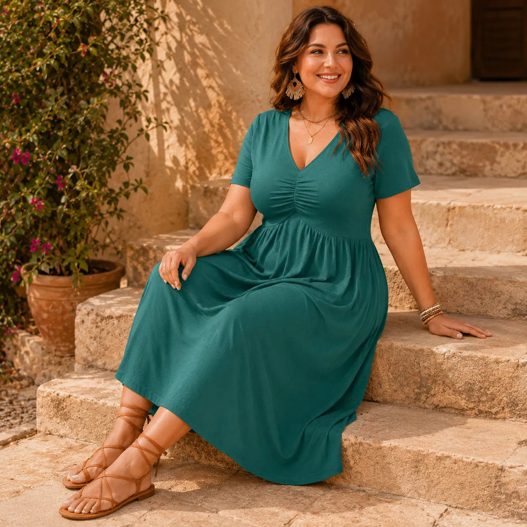 Wearbella – Plus Size V-Neck Empire Waist Midi Dress with Ruched Bodice