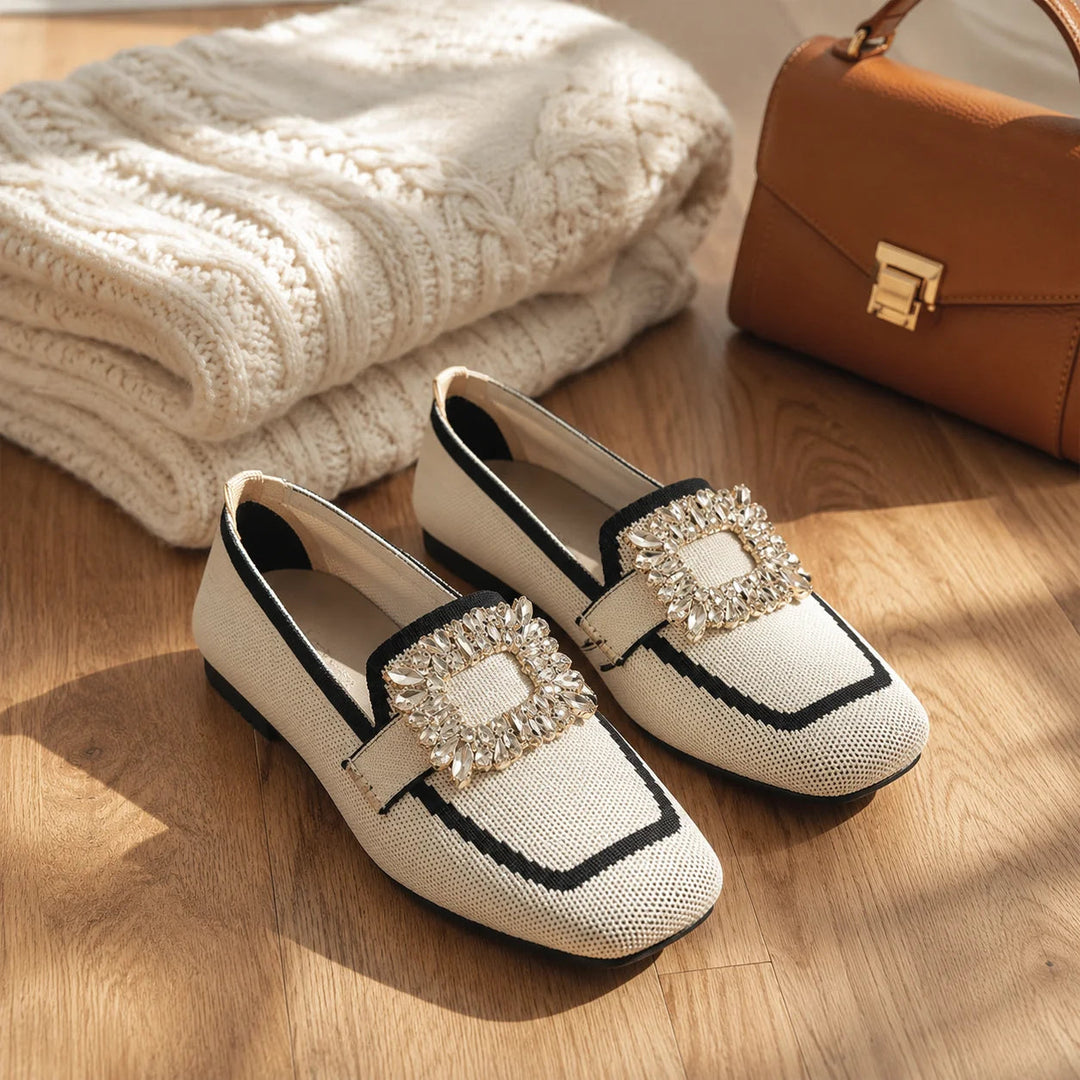 Vellora – Crystal Buckle Knit Loafers, Square Toe Slip-On Flats for Women