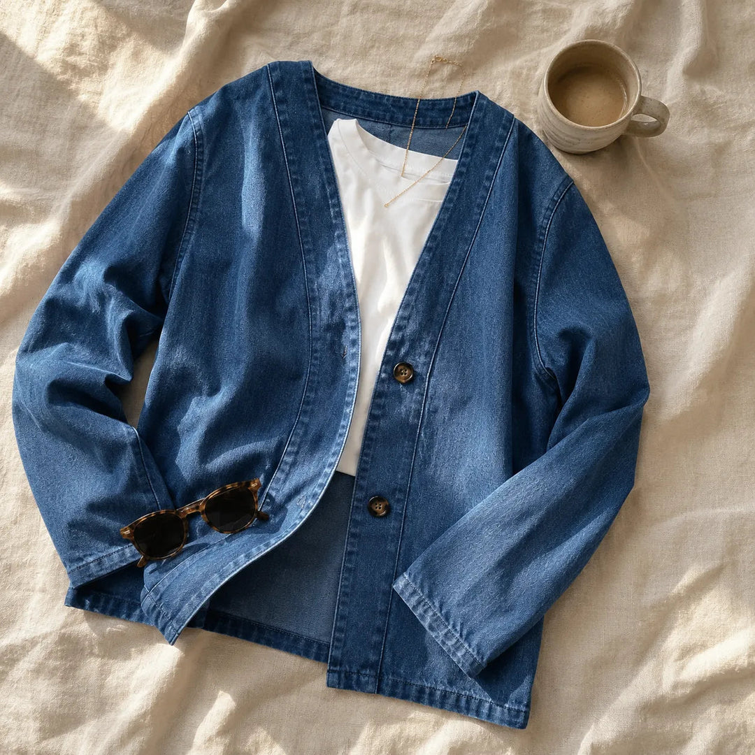 Verelle – Women's V-Neck Collarless Denim-like Jacket, Soft Button Verelle – Women's V-Neck Collarless Denim-like Jacket, Soft Button