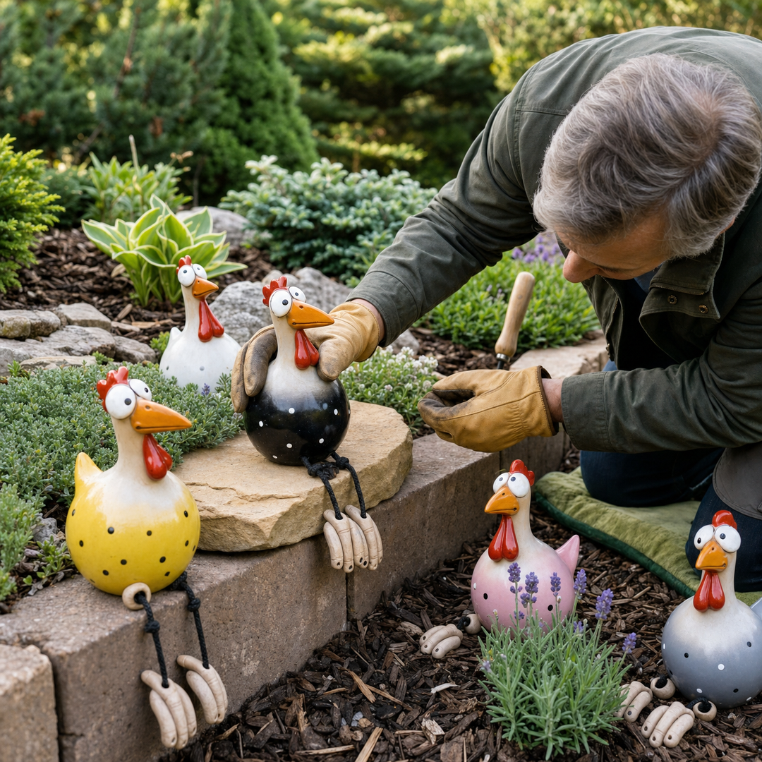 Henrietta™ – Hand-Glazed Ceramic Garden Hen with Dangling Legs
