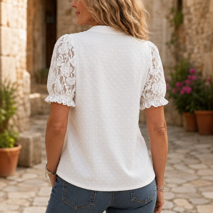 Florenza – Lace-like Shoulder Puff Sleeve V-Neck Blouse for Women