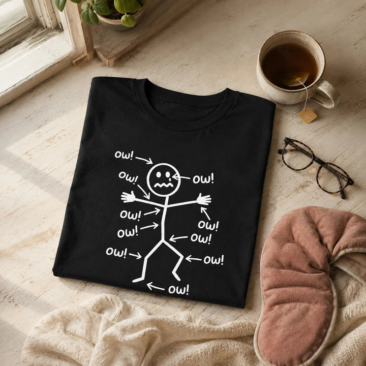 Achewear – Funny "Ow!" Stick Figure Graphic Tee, Relaxed Fit Cotton-like T-Shirt for Women & Men