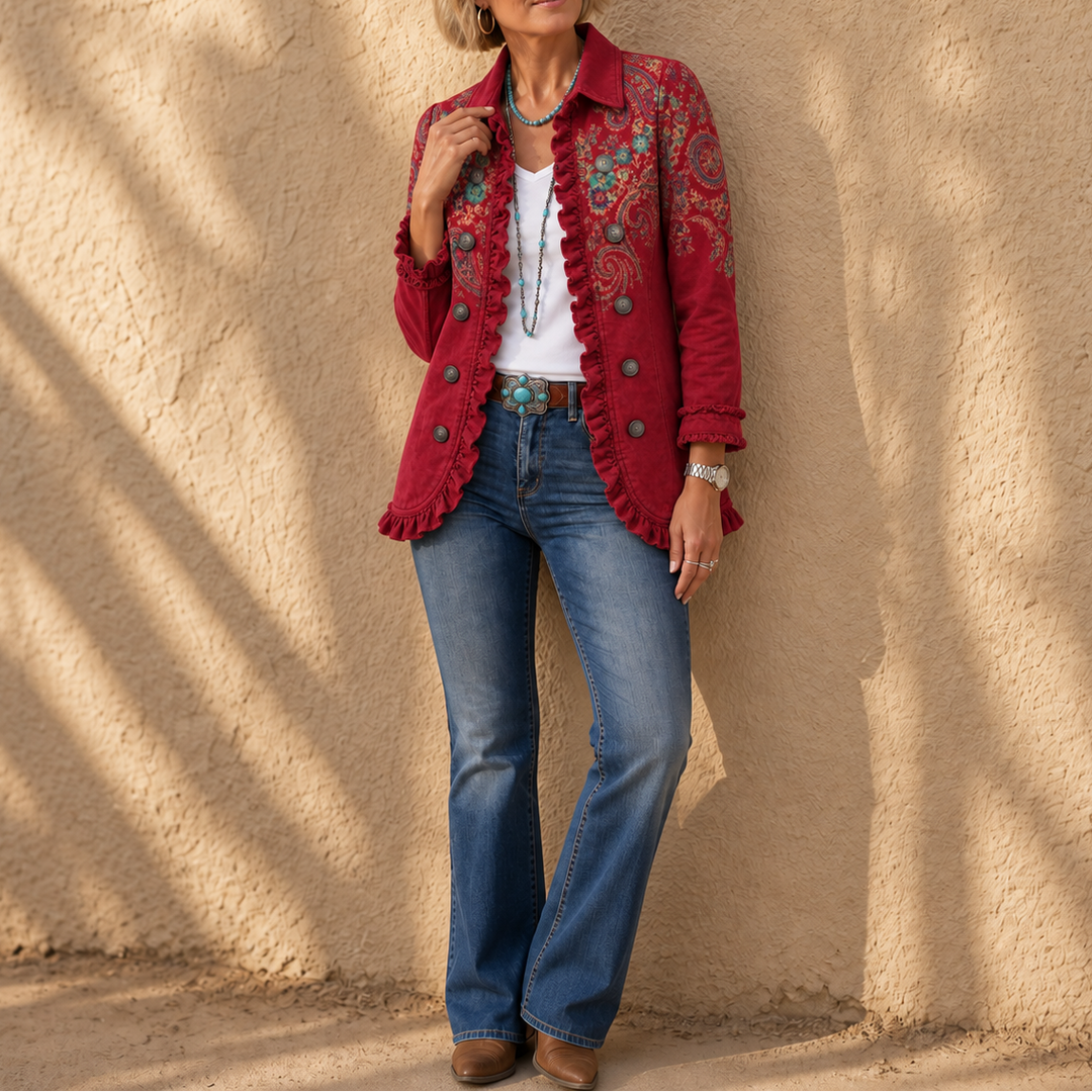 Paisley Belle – Ruffle-Trim Paisley Open-Front Jacket