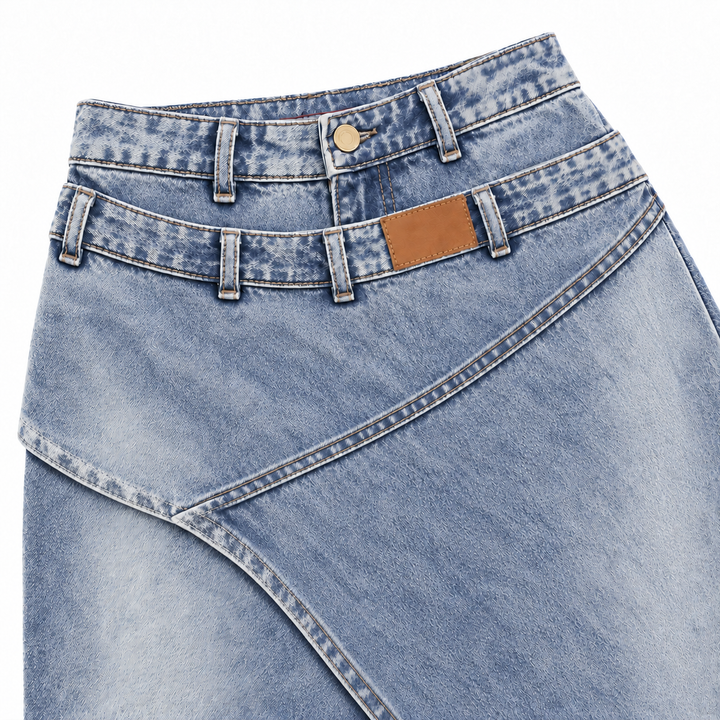 Saviera – Asymmetric Layered Denim Maxi Skirt with High Front Slit