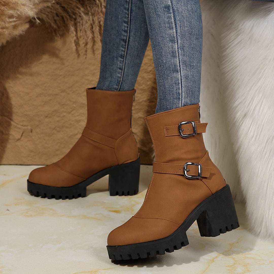 Buckle & Bloom – Double-Buckle Chunky-Heel Ankle Boots