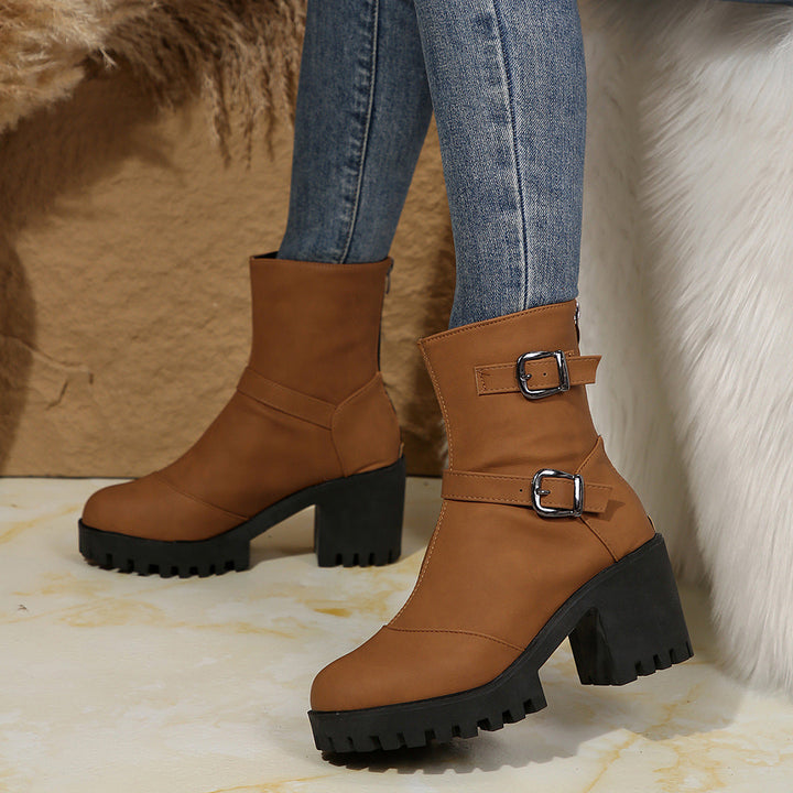 Buckle & Bloom – Double-Buckle Chunky-Heel Ankle Boots