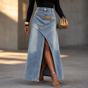 Saviera – Asymmetric Layered Denim Maxi Skirt with High Front Slit