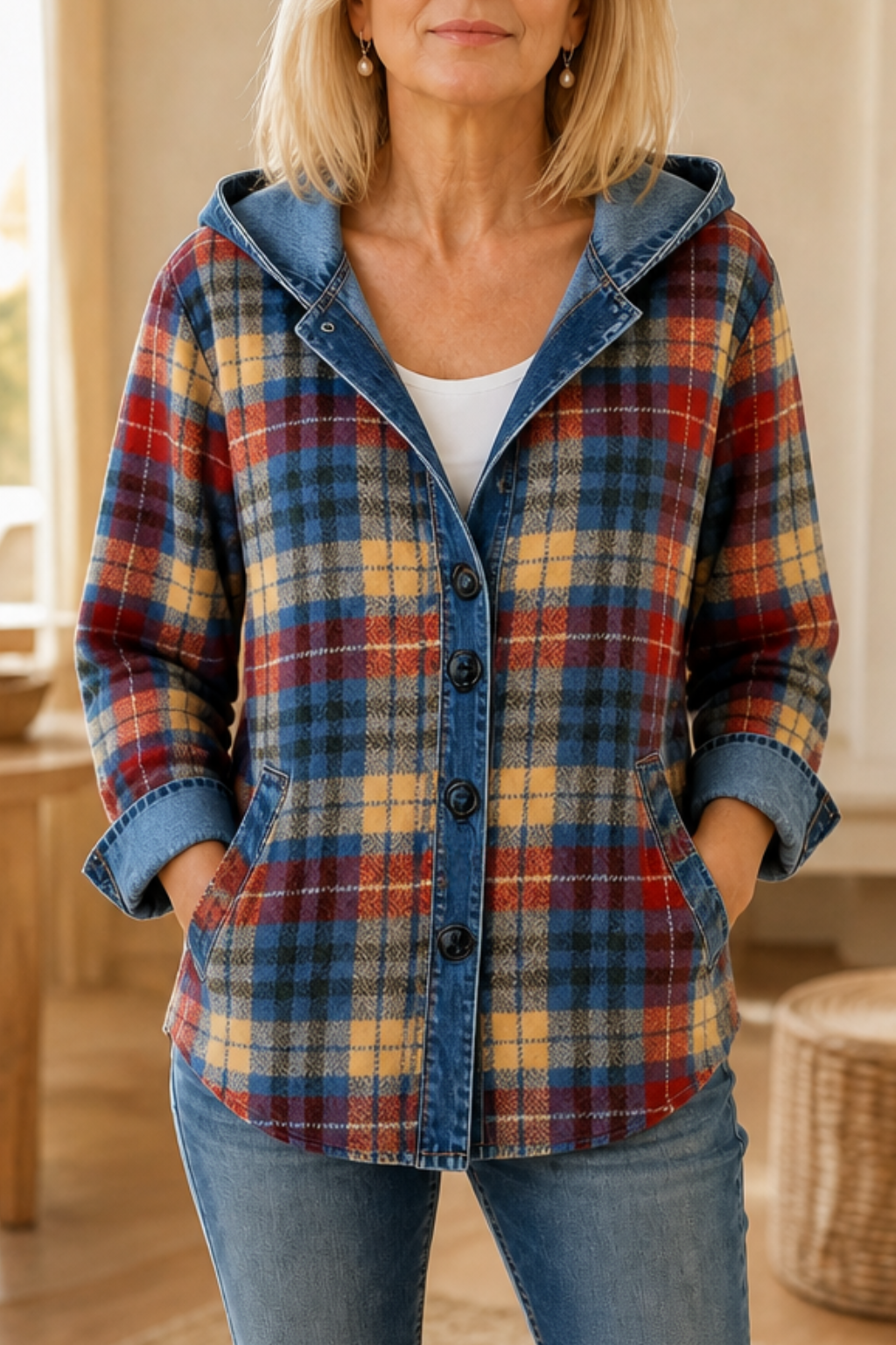 Layerlore – Denim-Look Patchwork Hooded Cardigan