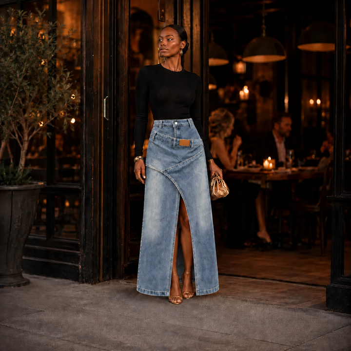 Saviera – Asymmetric Layered Denim Maxi Skirt with High Front Slit