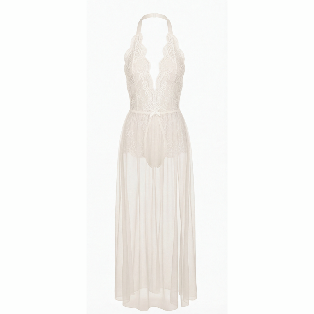 Velaire™ – Scalloped Lace Bodysuit with Sheer Mesh Train (One Size)