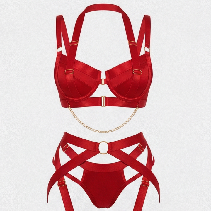 Vivara™ – Cross Strap Lingerie Set with Chain Detail