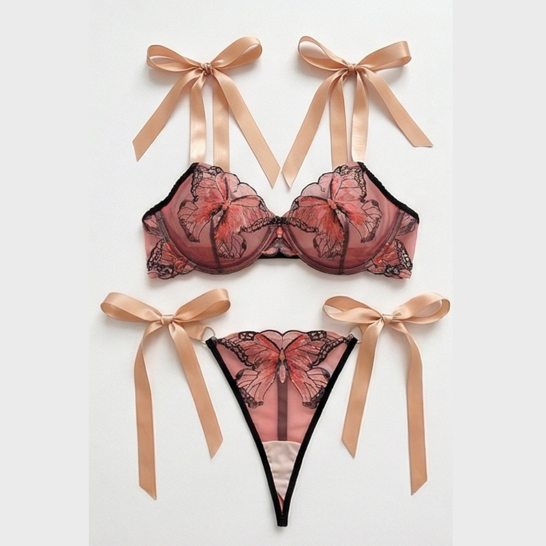 Fiorelle™ Butterfly Embroidered Mesh Lingerie Set