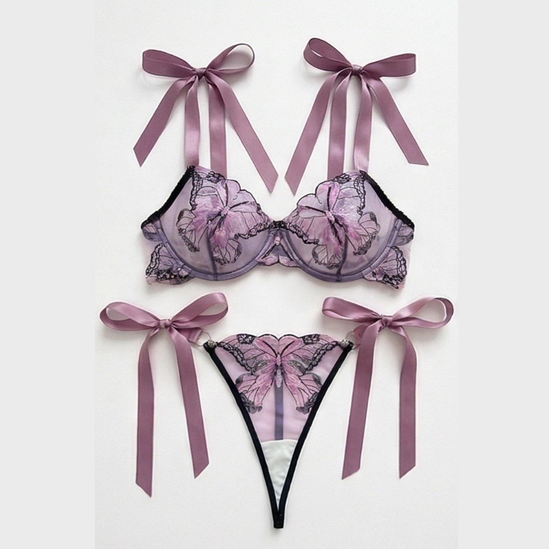 Fiorelle™ Butterfly Embroidered Mesh Lingerie Set