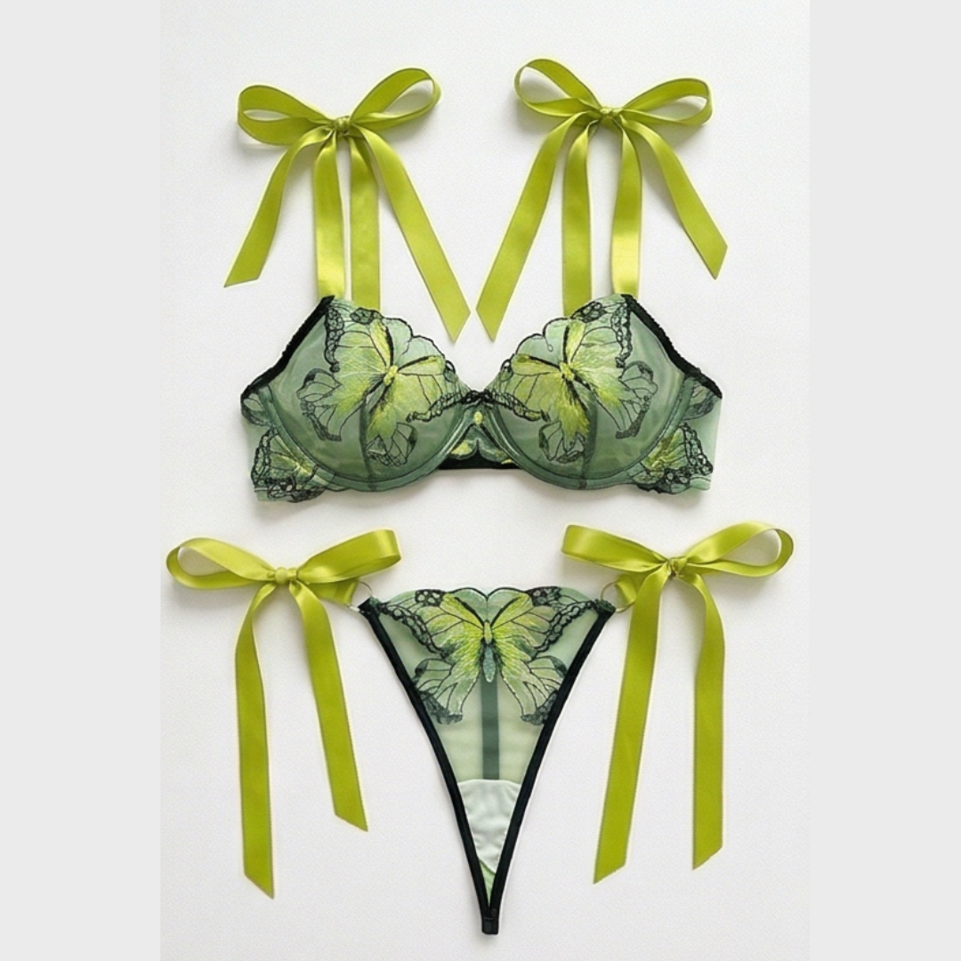 Fiorelle™ Butterfly Embroidered Mesh Lingerie Set